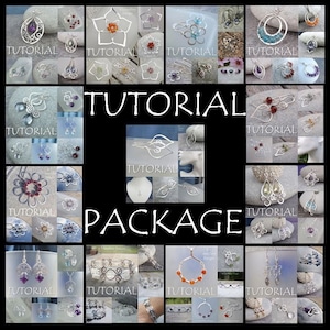 Puede incluir: Un collage de imágenes que muestran tutoriales de joyería envuelta en alambre. Las imágenes presentan varias piezas de joyería, incluyendo aretes, collares, pulseras y anillos. La joyería está hecha con alambre y cuentas en una variedad de colores, incluyendo plata, oro, rojo, azul y verde. El texto "TUTORIAL PACKAGE" se muestra en letras grandes y negritas en el centro del collage.