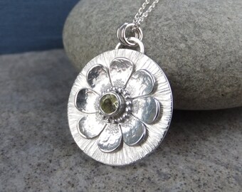 Lemon Quartz Daisy Flower and Textured Disc Sterling Silver Pendant - Handmade Metalwork Gemstone Necklace - Garden Themed Collection