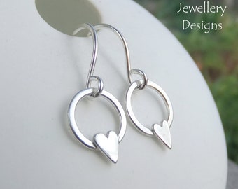 HEARTS - Circle Drop Sterling Silver Earrings - Hand Stamped Textured Metalwork Wirework - Shiny Dangly Love Heart