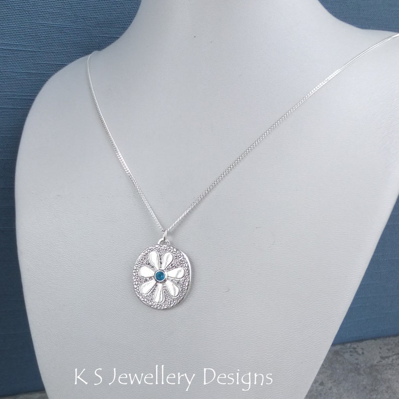 Apatite Doodle Flower Textured Oval Sterling Silver Pendant DAISY v4 Handmade Embossed Metalwork Necklace Blossom Garden Theme image 6