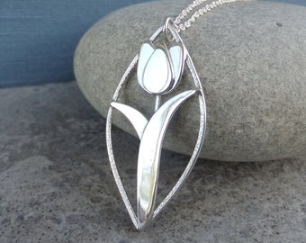 Shiny Tulip - Sterling Silver Drop Pendant - Flower Necklace - Handmade Metalwork Floral Jewelry Jewellery - Garden Themed Collection