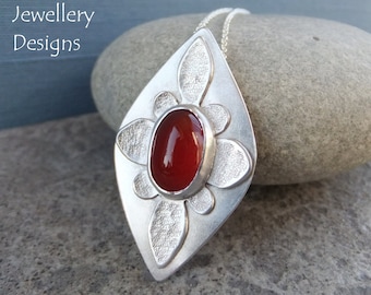 Carnelian Textured Oval Flower Sterling Silver Drop Pendant - Handmade Metalwork Gemstone Necklace Jewellery - Blossom Petals Floral Garden