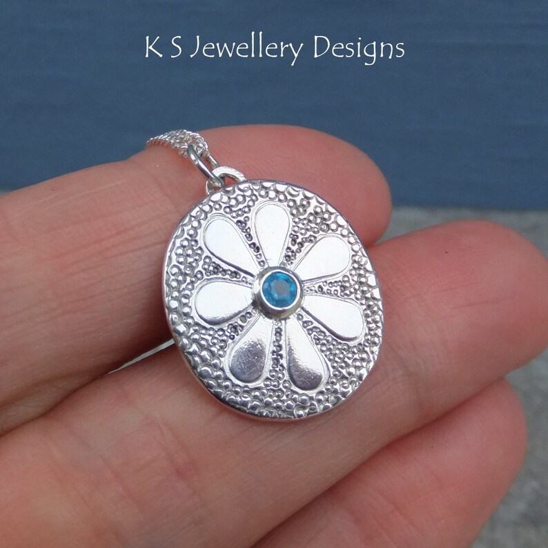 Apatite Doodle Flower Textured Oval Sterling Silver Pendant DAISY v4 Handmade Embossed Metalwork Necklace Blossom Garden Theme image 7