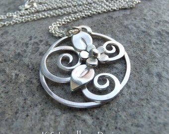 Flower Leaves & Swirls Circle Sterling Silver Pendant - Handmade Metalwork Wirework Necklace - Floral Leaf Garden