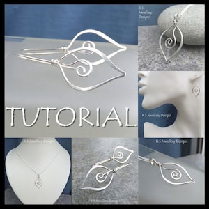 Peut inclure: Collection de bijoux argentés, comprenant des boucles d'oreilles et un collier pendentif, avec un motif en forme de feuille et un détail en spirale. Le mot "TUTORIAL" est affiché dans l'image. Les bijoux sont présentés sur un fond neutre.