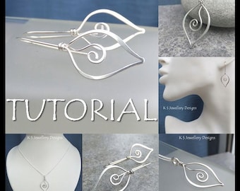 May include: A collection of silver-toned jewelry pieces, including earrings and a pendant necklace, featuring a leaf-like design with a spiral detail. The word "TUTORIAL" is displayed in the image. The jewelry is displayed on a neutral background.