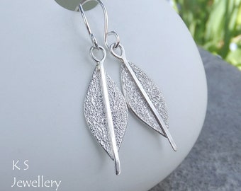 Textured Leaves Sterling Silver Earrings - Hand Stamped Textured Metalwork Wirework - Shiny Dangly Striped Leaf