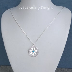 Apatite Doodle Flower Textured Oval Sterling Silver Pendant DAISY v4 Handmade Embossed Metalwork Necklace Blossom Garden Theme image 2