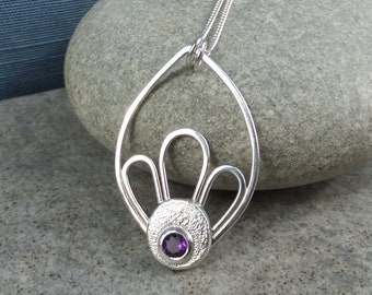 Amethyst Sterling Silver Petals & Leaf Frame Pendant - Handmade Metalwork Wirework Gemstone Necklace - Blossom Floral Petal - Garden Theme