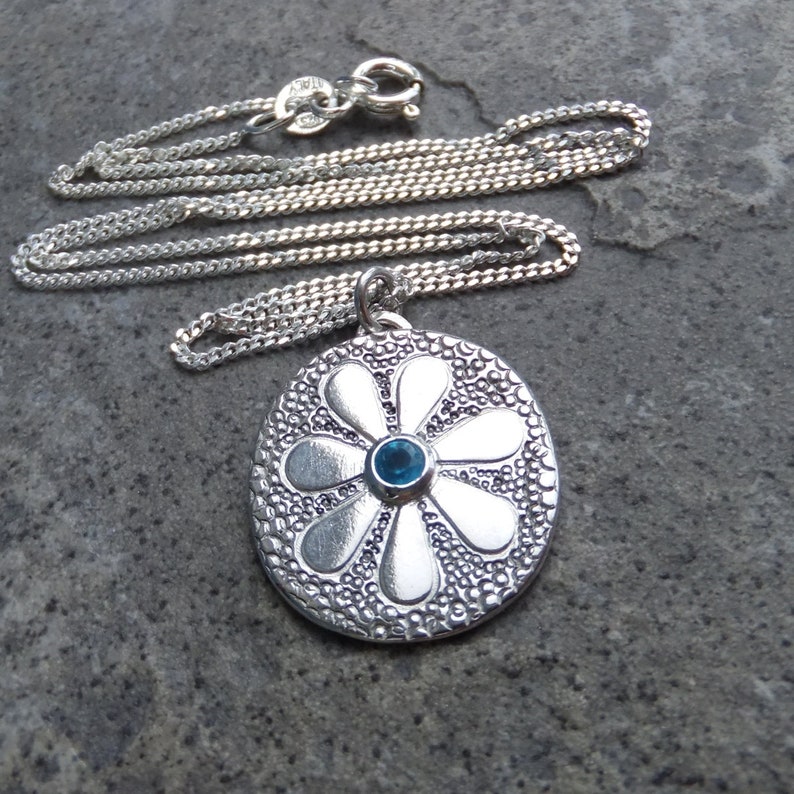 Apatite Doodle Flower Textured Oval Sterling Silver Pendant DAISY v4 Handmade Embossed Metalwork Necklace Blossom Garden Theme image 5