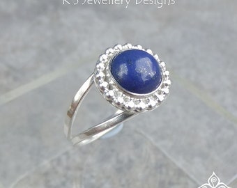Lapis Lazuli Beaded Frame Sterling Silver Double Band Ring - UK size Q / US size 8.25 - Handmade Metalwork Gemstone