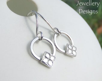 FLOWERS - Circle Drop Sterling Silver Earrings - Hand Stamped Textured Metalwork Wirework - Shiny Dangly Floral