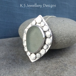 Aqua Green Sea Glass Pebbles Frame Sterling Silver Pendant - Handmade Metalwork Jewellery - Seaglass Seashore Jewelry Necklace