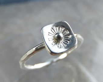 Stamped Flower Square Sterling & Fine Silver Ring V2 - UK size M / US size 6.25 - Handmade Hand Stamped Metalwork Stackable Stacking Stacker