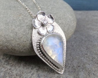 Rainbow Moonstone and CZ Flower Sterling Silver Drop Pendant - Handmade Metalwork Gemstone Necklace Jewellery