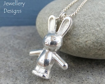 Sterling Silver Lego Bunny Pendant - Sandcasted Rabbit - Handmade Recycled Metalwork Necklace Jewelry Jewellery