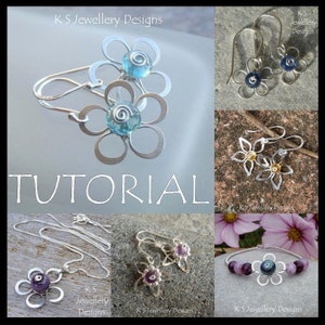 May include: A tutorial on how to make silver flower earrings with different colored glass beads. The image shows several pairs of earrings, a necklace, and a bracelet.