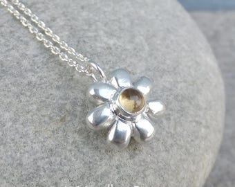 Citrine Puffy Flower Sterling Silver Pendant - Handmade Sandcasted Rustic Metalwork Gemstone Necklace - Garden Themed Collection