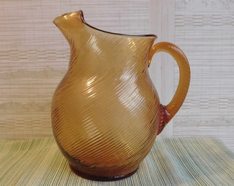 Glass Pitcher Amber Gold Swirl Water Juice Cocktail Server Vintage 1970s