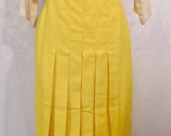 Vintage 80s Linen Pencil Skirt Yellow Pleated Mid-Calf Length Size Small