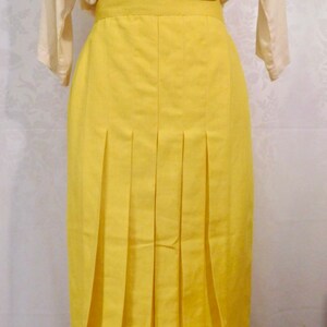 Linen Pencil Skirt Yellow Pleated Mid-Calf Length Size Small Vintage 80s