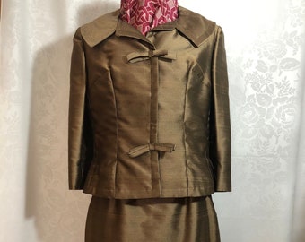 Vintage Cocktail Suit Fitted Jacket and Skirt Brown Sharkskin Fabric Size Womens Small 60s