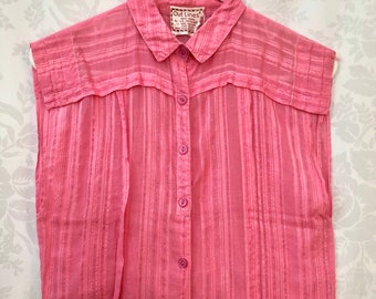 Vintage 70s Sleeveless Blouse Hot Pink Shear Cotton Button-down Size Junior Medium