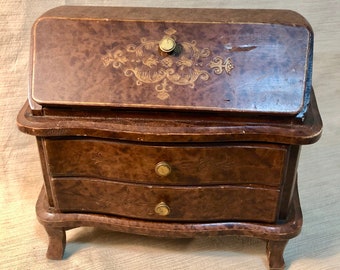 Jewelry Box Miniature Drop Front Secretary Desk Chest of Drawers Florentine Gold Burled Wood Vintage 70s