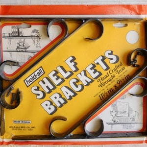 Shelf Brackets 12&quot; Black Wrought Iron Scroll Hold-All Mfg. New in Package Vintage 1980s