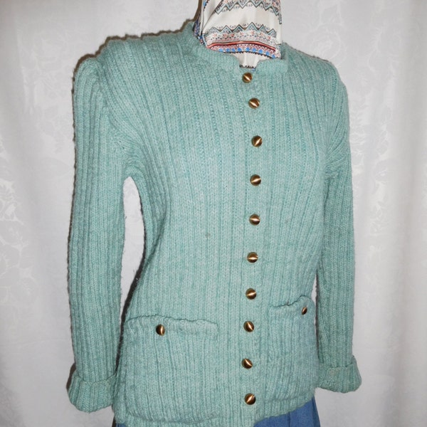 Cardigan Sweater Heather Wool Mint Green with Brass Buttons Size Medium Vintage 60s