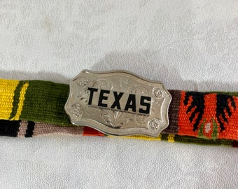 Texas Belt Buckle Engraved Silver Metal and Enamel Vintage 70s