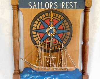 Nautical Wall Art Sign Wood and String Sailboat Sailors Rest Beach Decor Vintage 80s