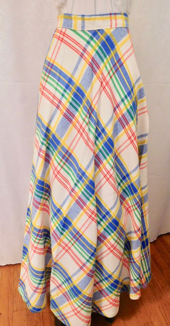 Vintage 70s Maxi Skirt Rainbow Plaid Bright Colors