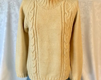 Fisherman Cable Knit Ivory Wool Turtleneck Sweater Size Small Vintage 70s