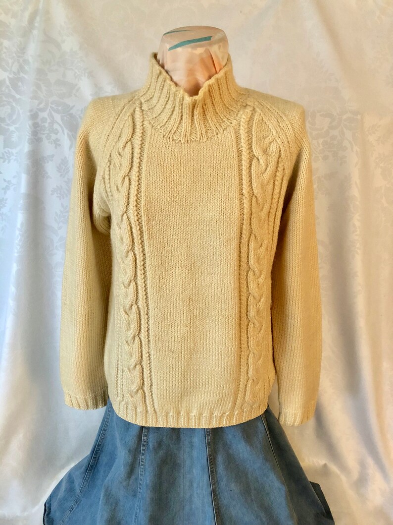 Fisherman Cable Knit Ivory Wool Turtleneck Sweater Size Small Vintage 70s image 1