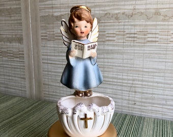 Vintage Holy Water Font Singing Angel Home Blessing Ceramic Hanging Wall Pocket 60s