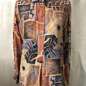 Abstract Graphic Print Silk Blouse Button Down Long Sleeve Size Large Vintage 80s/90s