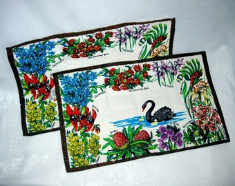 Cotton Barkcloth Placemats Set of 2 Tropical Flowers of Australia Vintage 60s