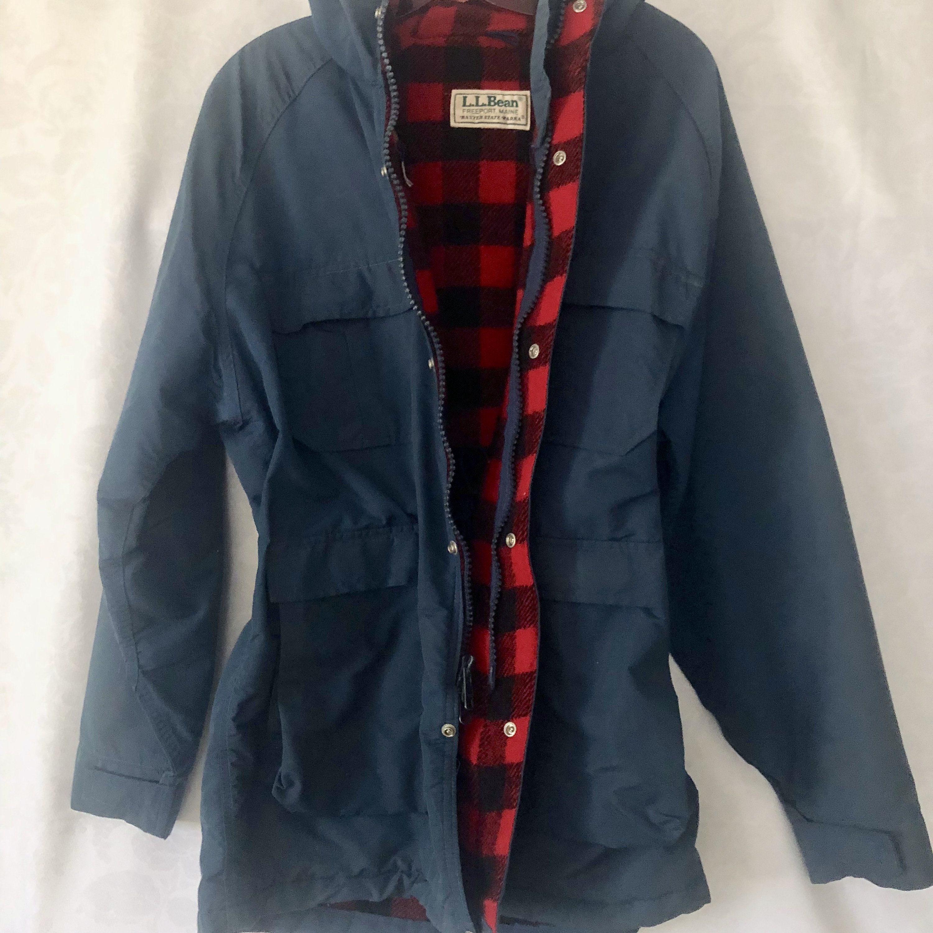 LL Bean Baxter State Parka Navy Blue Waterproof Shell Buffalo Plaid