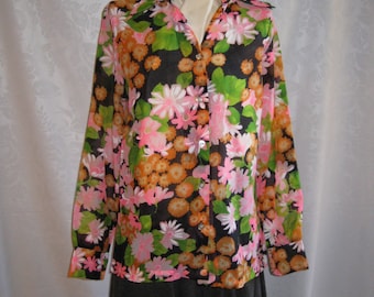 Chiffon Blouse Sheer Day-Glo Floral Print Women's Size 36 Vintage 70s