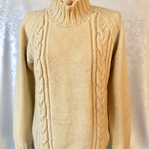 Fisherman Cable Knit Ivory Wool Turtleneck Sweater Size Small Vintage 70s image 3