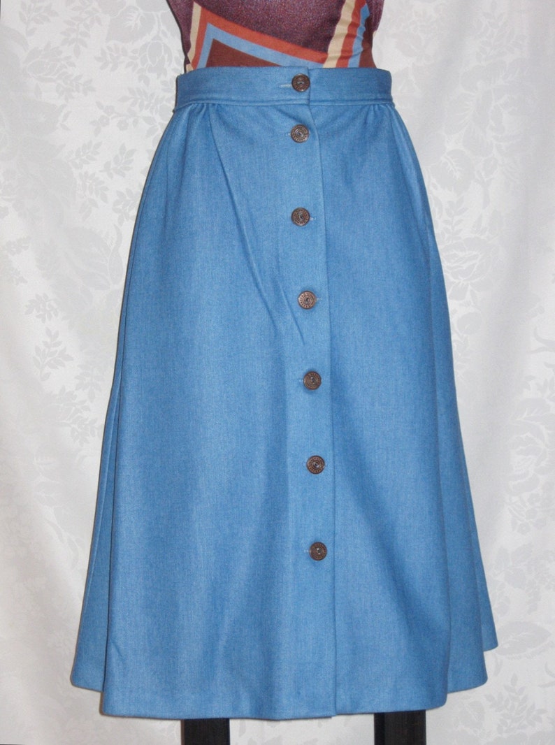 Vintage 70s Denim Skirt Flared Button Front Faux Denim Size Small image 1