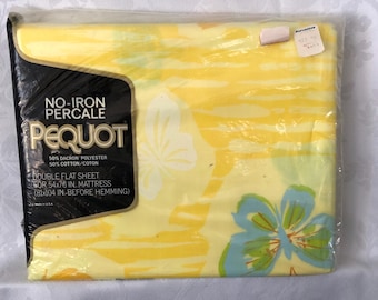 Bed Sheet Pequot Cotton Flat Sheet Yellow Butterfly Print No-Iron Percale (Double Bed) Vintage 70s New in Package