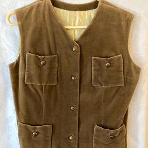 Velvet Vest Light Brown Military Style Brass Buttons Size Womans Medium Vintage 1970s