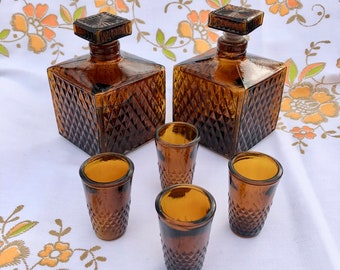 Liquor Decanter Bottles and Shot Glasses Set Amber Gold Glass Vintage 70s