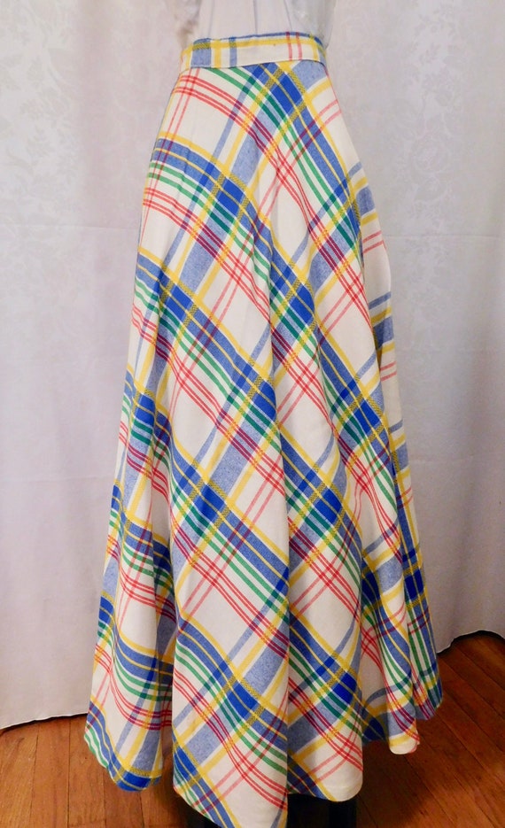 Vintage 70s Maxi Skirt Bright Colors Rainbow Plaid