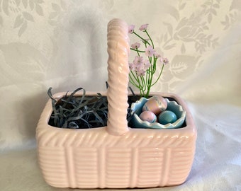 Ceramic Basket Planter with Handle in Pink or Yellow Glaze Vintage 1988