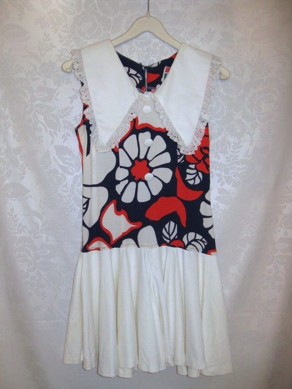 60s Mod Culotte Dress Red White and Blue Flower Po