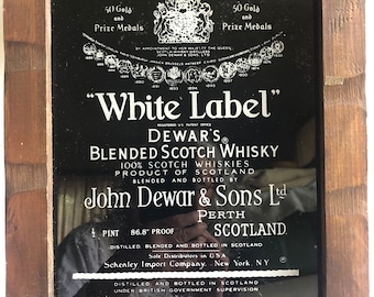 Glass Bar Sign Dewars White Label Scotch Whiskey Framed Advertising Art Advert Vintage 70s