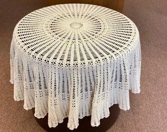 Crochet Lace Round Table Cover Hand Made Circle Vintage 60s